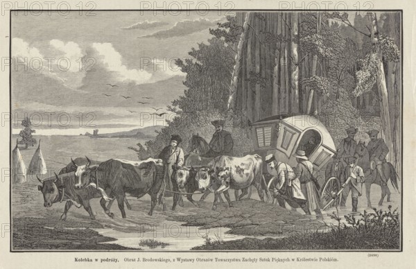 Reproduction of a painting: Józef Brodowski 1828–1900, The Cradle on a Journey; 1874. Painting, Polish painting; subject: transport, carriages, oxen in harness/yoke, travelers. Woodcut artist: Ernest Boulay fl. 1872–1875. Reproduction/press illustration; graphics; reproduction of a work of art., The image shows a monochrome scene with shades of black, gray, and off-white depicting a group of people, animals, and a carriage near a water crossing; a few oxen in front pull together while their harnesses are visible, and a couple of men stand or walk alongside them with one man seated on a horse; a covered carriage with a rounded top sits partly in the water with a person visible inside and a few people clustered around it, one leaning toward the wheel and another holding a long pole; a man on horseback and another rider are positioned behind the carriage; tall trees and dense foliage form a wooded background to the right while a flat expanse with distant land and a sky with cloud formatio...