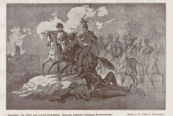 Reproduction of a drawing: Tadeusz Brodowski 1821–1848, Napoleon and Prince Józef at the walls of Smolensk; reproduction, illustration of a historical scene; subjects: Józef Antoni Poniatowski 1763–1813 and Napoleon I Bonaparte 1769–1821; Napoleonic Wars 1803–1815, Battle of Smolensk 1812; painting; Polish painting; 1912; press illustration; reproduction of a work of art., A sepia-toned illustration shows a group of mounted soldiers and infantry on a snowy ground; in the foreground a fallen figure lies on the snow with another figure leaning over them, while two riders on horses face them, one wearing a bicorne hat and the other a plumed helmet, and a group of soldiers on horseback and with rifles stand or march in formation in the background; the scene includes clouded skies and a distant town skyline with towers, and the visible colors are shades of brown, tan, and off-white.