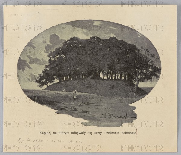 Reproduction of a painting: Kazimierz Broniewski ca. 1864–?, Mound where Babin feasts and gatherings were held; 1898, painting, Polish painting, Broniewski, Kazimierz ca. 1864–? - reproduction, hills, Babin Lublin Voivodeship, press illustration, reproduction of a work of art, An oval vignette shows a wooded hill with a dense group of dark trees forming a rounded canopy against a muted sky; the foreground is a lighter grassy or sandy area with a small pale figure near the base of the hill; the overall palette includes shades of gray, black, beige, and muted green, with the surrounding page in an off-white or cream color.