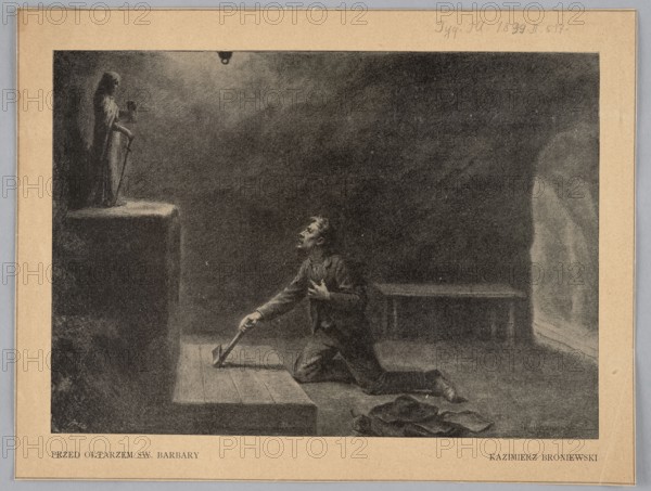 Reproduction of a painting: Kazimierz Broniewski ca. 1864-?, Before the altar of St. Barbara; painting, Polish painting, reproduction, Barbara saint; ?-306, saints, holy, kneeling, 1899, press illustration, reproduction of a work of art, A dim, monochrome scene shows a kneeling man in dark clothing on a wooden floor, one hand clutching his chest and the other resting on a long rod or tool that touches the floor, his face turned upward; to the left, a raised platform holds a standing statue of a robed figure, and soft light illuminates the platform and parts of the man while the surrounding space is filled with deep shadows; a bench is visible behind the man and a draped fabric lies nearby on the floor; the overall colors visible are shades of black, gray, and muted beige tones.