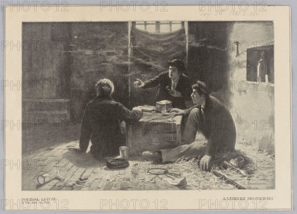 Reproduction of a painting: Kazimierz Broniewski ca. 1864-?, Division of the Spoils; reproduction of a painting, painting, Polish painting, Broniewski, Kazimierz ca. 1864-? - reproduction, genre scene, 1889, press illustration, reproduction of a work of art, A grayscale illustration shows a dim interior space with a few men gathered around a low wooden box covered with a cloth; one man sits facing away from the viewer, another leans forward with an arm extended toward the box, and a third reclines on straw with a hand resting on the ground. The room features a high window with light filtering through thin drapery, a rough stone or brick floor partially covered in straw, and a small recessed shelf or opening in a wall. Scattered on the floor near the men are a few simple objects including a round dish or bowl, a metal cup, a shallow pan, and some miscellaneous small items. Visible colors are shades of gray, black, and white.