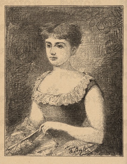 Reproduction of a drawing: Ferdynand Bryll 1863- after 1920, Portrait of a Lady; reproduction, female portrait, woman, young woman, painting, Polish painting, portrait, early 20th century, press illustration, reproduction of a work of art., A monochrome portrait of a young woman shown from the waist up, rendered in a stippled and hatched illustration style on a beige background; she has short hair with soft bangs and a calm facial expression, wearing a dress with a ruffled neckline and short sleeves, holding a folded object in her hands in her lap, with a dark textured background surrounding her figure and a thin dark border around the image; visible colors include beige and dark brown/black.