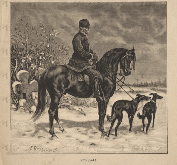 They are waiting; from Biesiada Literacka 1884, no. 2-419 January 11, p. 17 title page; Brzeszczot, F. illustrator; unknown woodcut artist; publisher: Biesiada Literacka; subject: dogs, horses, riders, crosses; winter; medium: woodcut/graphics; style: Polish painting/press illustration; date: 1884; place: Warsaw., A sepia-toned illustration shows a person wearing a fur-trimmed coat and a fur hat sitting astride a dark horse, holding reins that lead to two slender dogs standing beside the horse; the scene includes a snowy ground, leafless stalks or plants behind the horse, a cloudy sky, and a distant tree line, with visible colors including sepia, dark brown, and cream.