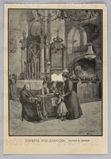 Reproduction of a drawing: Aleksander Brzostek 1866-1911; painting; Polish painting; Easter; charity; church interiors; children; Brzostek, Aleksander - reproduction; turn of the 19th and 20th centuries; Warsaw; press illustration; reproduction of a work of art., A monochrome printed image shows an interior scene with ornate architectural features including tall columns, arches, and decorative carvings, and a large chandelier hanging from the ceiling. In the foreground a group of people are gathered around a small table covered with a cloth; among them are a seated adult wearing heavy outerwear and a few standing adults and children in long garments. One standing adult appears to lean toward a child, and another child stands close by. The background includes more figures near a raised decorative structure with vertical elements and sculptural details, and a balcony-like railing is visible. The overall colors visible are shades of gray, black, and off-white.