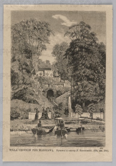 Wiila Ursynów near Warsaw; boats, gardens, palaces Warsaw; Ursynów Warsaw; painting; graphic art; press illustration; Polish painting; reproduction 1882; Brzozowski, Feliks 1836–1892 draughtsman/author; Puc, Bronislaw Artistic-Woodcutting Workshop; fl. ca. 1878–ca. 1885 workshop/graphic workshop., The image shows a monochrome ink illustration of a landscaped scene with a body of water in the foreground where a few small rowboats float, each holding a few people; beyond the water is a grassy bank with a group of people standing near a low stone balustrade and steps leading up to a terrace with a fountain; behind the terrace a tree-covered slope rises toward a building partly visible at the top, and large trees frame both sides of the composition; visible colors are shades of black, gray, and beige.
