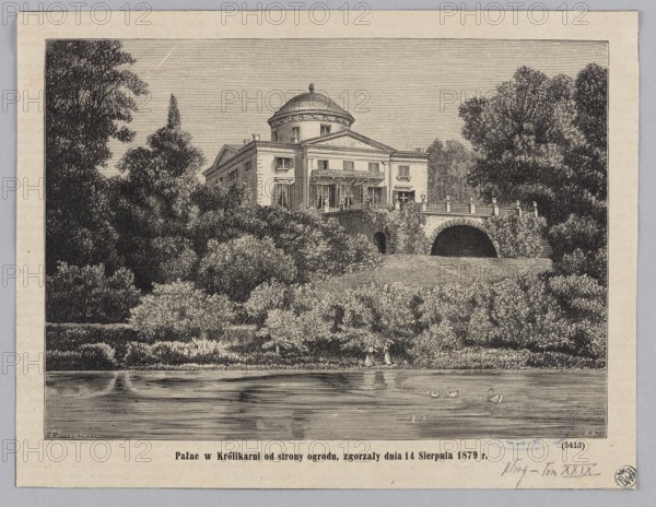 The Królikarnia Palace from the garden side, burned down on August 14, 1879; woodcut illustration after Feliks Brzozowski, woodcut artist Stanislaw Antoszewicz, 1879; depiction includes palace, gardens, park pond; classicist palace in Mokotów Warsaw; graphics/press illustration., A monochrome engraved scene shows a large classical building with a domed roof partially obscured by surrounding trees and shrubs, with an arched stone bridge attached to the building and balustrades along its top; a grassy slope and dense foliage lead down to a calm body of water that reflects the scene, with a group of waterfowl floating near the foreground and a few people standing at the water’s edge beneath the trees. The visible colors are black, white, and shades of gray.