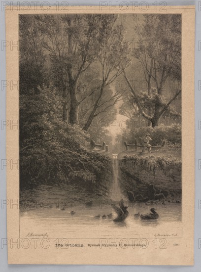In the spring; 1883, plate from a periodical title page. Drawn by Feliks Brzozowski 1836–1892; reproductive work by Angerer & Göschl Vienna; graphic and photographic workshop. Subject: ducks, landscape with water features — pond and waterfall; seasonal spring. Medium/genre: graphics/press illustration; reproduction of a Polish painting., A sepia-toned illustration of a wooded scene with tall trees and dense foliage framing a narrow stream that cascades down a small waterfall into a calm pool, the left and right banks covered in leafy undergrowth and exposed roots; a simple wooden fence spans the stream near the top of the fall and a figure wearing a hat stands beside it on the right bank; a few waterfowl float and splash in the pool in the foreground, and scattered logs and low vegetation appear along the water’s edge, with the overall palette showing shades of brown, beige, tan, black, and gray.