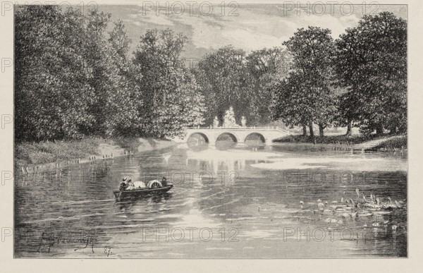 Reproduction of a drawing: Feliks Brzozowski 1836–1892, Monument to King Jan Sobieski on the bridge in Lazienki Park, 1887; painting; Polish painting; reproduction after Brzozowski; equestrian monument to Jan III Sobieski on the Sobieski Bridge in Lazienki Park Warsaw; parks/gardens; press illustration/graphics; after 1887; Poland., A monochrome scene showing a calm river with reflective water, a small rowboat carrying a few people near the foreground, a stone bridge with several arches spanning the river in the middle distance, and dense groups of trees lining both banks; visible tones include shades of black, gray, and off-white.