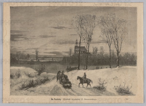 At the midnight mass; 1880. Woodcut illustration by Jarmuzynski, J., after Feliks Brzozowski 1836–1892. Graphic art/press illustration reproducing a Polish painting of a winter scene with sleigh, churches, snow—depicting Christmas midnight Mass., A winter landscape rendered in muted tones with a snowy foreground, a dirt path, and patches of low vegetation in dark and gray shades, a group of tall bare trees with thin branches to the right, a small churchlike building partially obscured by trees on a distant rise, a horse-drawn sleigh carrying bundled figures moving along the path, a mounted rider on a dark horse nearby, a flat, misty middle ground with low treetops and distant foliage, and a wide sky filled with horizontal streaks and cloud-like textures in pale gray and beige.
