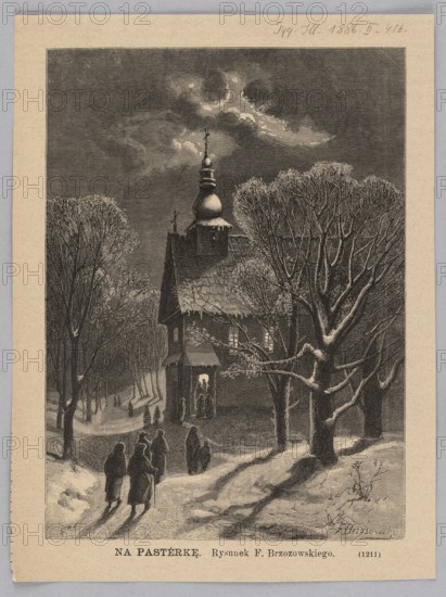 At the midnight mass; 1886. Illustration after Feliks Brzozowski 1836–1892, woodcut by Jan Krajewski fl. 1874–1887. Depicts a winter village church interior at Midnight Mass—Christmas service. Polish painting reproduced as a graphic press illustration; painting/graphics, 1886., A monochrome scene showing a snow-covered path leading to a small wooden church with a bulbous steeple, surrounded by bare trees with snow on their branches; a group of hooded figures walk toward the church while a few stand near its entrance, long shadows stretching across the snow under a cloudy sky with patches of light.