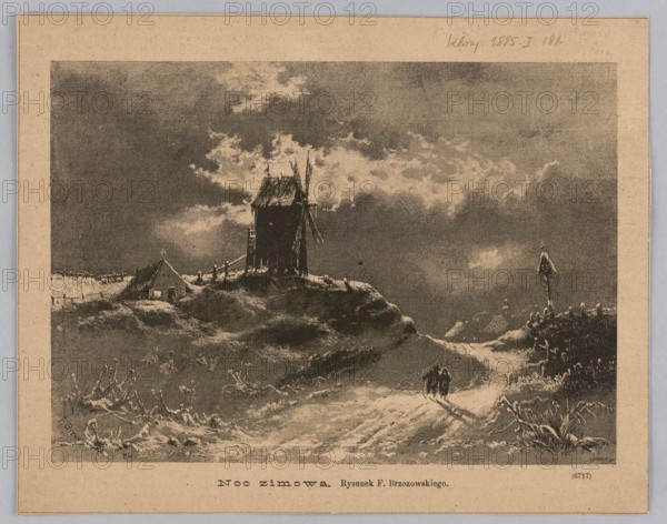 Winter night; woodcut illustration after a painting by Feliks Brzozowski 1836–1892, 1885. Depicts windmills, roadside crosses, a winter landscape with snow. Graphics/press illustration., A sepia-toned scene shows a snowy landscape with a windmill perched on a small hill and a thatched building nearby, dark silhouettes of blades extending from the windmill; a snowy path leads toward the foreground where a group of two people walk together casting long shadows; a few bare plants and tufts of grass poke through the snow along the path and foreground; the sky above is filled with dramatic clouds, lighter clouds contrasting against darker sky; the image is bordered by a lighter beige margin.