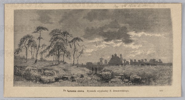 After sunset; Brzozowski, Feliks 1836–1892 draughtsman/author; Krajewski, Jan fl. 1874–1887 woodcut artist/author; woodcut/graphic press illustration depicting domestic cattle in a landscape at sunset; Polish painting reproduction, 1880; painting/graphics., A monochrome landscape engraving showing a rural scene with a cluster of tall, slender trees with sparse foliage on the left, a rough dirt path or road running toward the center, and a distant settlement with building silhouettes and towers on the right. The foreground contains rocky, uneven ground and scattered stones, with two small human figures standing on the path. The sky is filled with layered clouds, darker toward the top and lighter near the horizon. Visible colors are shades of gray, black, and off-white.
