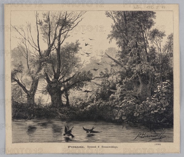 Morning. 1882. Woodcut illustration for magazine title page. Artist: Feliks Brzozowski 1836–1892 draughtsman; engraver: Stanislaw Antoszewicz fl. 1873–1887. Subject: swallows, pond/water landscape. Polish graphic art / press illustration., A monochrome scene showing a riverside or pond with still water in the foreground and dense vegetation along the bank, including a group of large trees with textured trunks and branches, some bare and some with leaves, and a cluster of shrubs and leafy plants to the right; a few birds are flying above the treeline and a couple of birds are skimming the water surface leaving ripples; the image is rendered in shades of black, gray, and beige tones.