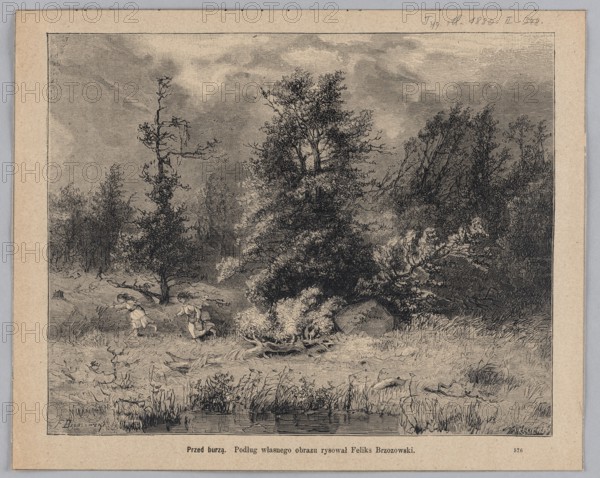 Before the storm; 1880; drawing by Feliks Brzozowski 1836–1892 after a woodcut by Jan Krajewski fl. 1874–1887; subject: landscapes during a storm — forest and waterside landscapes; painting/graphic reproduction; storms; Polish., The image shows a monochrome scene in shades of black, gray, and off-white depicting a wooded landscape with a group of trees and dense underbrush; a large tree stands near the center with other trees and shrubs surrounding it, some with bare branches and some with fuller foliage, and a fallen branch or log lies in the grassy foreground near a small patch of water or marshy vegetation; two small figures wearing simple clothing are visible at the left, positioned among the grass and low plants; the sky above is cloudy with textured shading.
