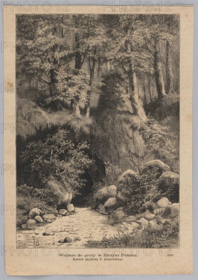 Entrance to the cave in Zloty Potok; forest landscapes, caves, boulders; Kraków-Czestochowa Upland, Zloty Potok Silesian Voivodeship; painting reproduction in graphic art/woodcut; 1885; Feliks Brzozowski 1836–1892 draughtsman/author, A. Musialowski fl. 1882–1889 woodcut artist., A monochrome illustration of a wooded scene showing a forested slope with a group of tall trees and leafy canopies at the top, a rocky bank with several large rounded boulders and dense shrubbery in the middle, and a narrow stream or path with scattered stones and low grasses in the foreground; visible colors are shades of black, gray, and off-white.