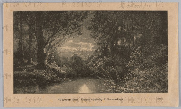 Summer evening; 1885; illustration by Feliks Brzozowski 1836–1892; reproduced by Angerer & Göschl Vienna graphic and photographic workshop; published in Tygodnik Ilustrowany; subject: summer landscape, waterside/pond; media: graphic/press illustration; Polish painting., The image shows a monochrome landscape scene framed by a beige border, depicting a wooded area with dense trees and foliage on both sides of a calm body of water that reflects a lighter patch of sky; the left side features a large tree with visible branches and darker undergrowth, the right side has shrubs and tall grasses extending toward the water, and the background reveals a clearing with clouds and layered tree silhouettes.