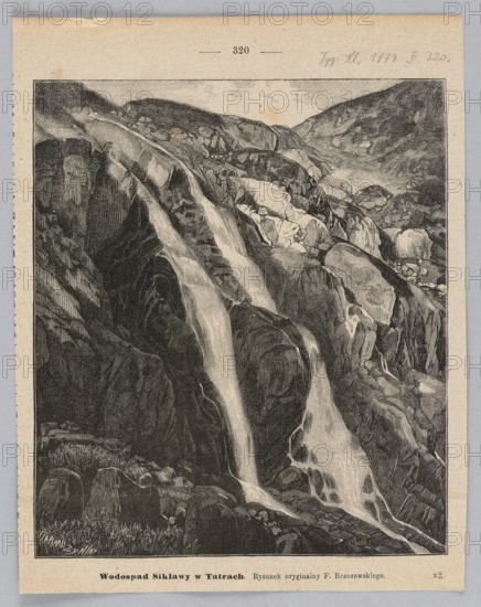 Siklawy Waterfall in the Tatra Mountains; woodcut illustration after a painting by Feliks Brzozowski 1836–1892, 1879; depicts Siklawa waterfall, rocks and mountains in the Tatras; Polish graphic art/press illustration; draughtsman: Feliks Brzozowski; woodcut artist: J. Jarmuzynski; function: press illustration; medium: woodcut/graphic art., The image shows a detailed black-and-white illustration of a rocky mountain scene with a waterfall cascading over a steep cliff. A group of streams flow down smooth and jagged rock faces, creating areas of lighter tones against darker shaded rock. The surrounding terrain includes layered rock formations and boulders with textured shading, and a few grassy or mossy patches near the base. The overall palette visible is shades of black, white, and gray, with the paper border showing off-white and light beige tones.