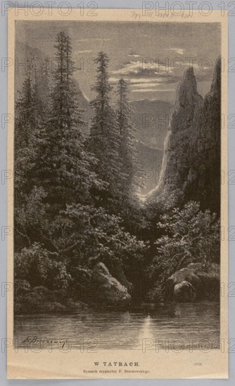 In the Tatra Mountains; 1883, Feliks Brzozowski 1836–1892 author/drawer; reproduction by Angerer & Göschl Vienna; graphic and photographic workshop; illustration for Tygodnik Ilustrowany; subject: mountain landscapes, Tatra Mountains; media: painting reproduced as graphics/press illustration; Polish painting; Warsaw place of publication., The image shows a vertical scene of a dense forest with tall coniferous trees rising toward the sky, a rocky cliff face visible to the right, and a narrow valley or gorge between the trees leading toward distant layered mountains and clouds; in the foreground there is a reflective body of water bordered by rocks and low shrubby vegetation, and the overall palette consists of sepia tones, brown, beige, and off-white.