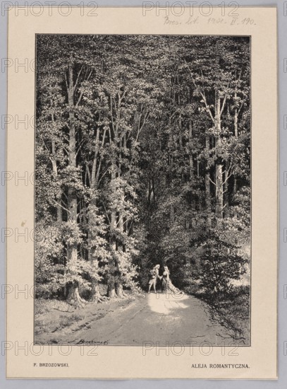 Reproduction of an engraving: Feliks Brzozowski 1836–1892, Romantic Avenue, 1901; illustration reproducing a painting depicting lovers and couples in a park avenue; Polish painting; press illustration., A monochrome illustration showing a tree-lined pathway leading into a dense forest, with tall trees and abundant foliage filling the scene in shades of black, gray, and off-white; the trees create a dark, textured canopy and trunk area on either side of the path, while lighter tonal areas highlight leafy clusters and the ground surface; near the foreground on the path, a pair of human figures stand facing each other, depicted in lighter tones against the darker forest background; the overall image is framed by a pale border and mounted on a slightly darker surrounding mat in muted gray and beige tones.