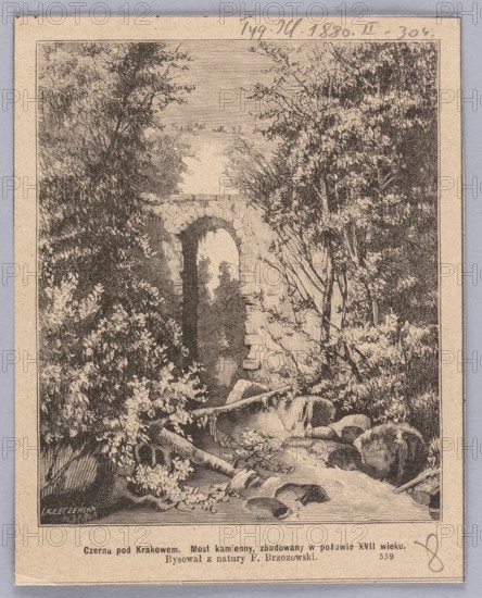 Czerna near Krakow; 1880; drawing by Feliks Brzozowski 1836–1892, engraved by Józefa Kleczenska; graphic art/press illustration depicting bridges, rivers, and a view of Czerna Malopolska Voivodeship in the style of Polish painting; reproduction/illustration., A detailed monochrome illustration framed by a light border shows a stone archway of an old bridge or ruin set within dense vegetation; a narrow stream with smooth rocks and fallen branches flows beneath and in front of the arch, leading the eye toward a shaded opening through the stone. Surrounding the arch are a mix of tall trees and leafy bushes with intricate foliage textures, and some slender branches leaning across the scene. The image is rendered in dark sepia tones against a pale background, with fine linework and crosshatching throughout. A thin outer margin of pale paper surrounds the framed illustration.