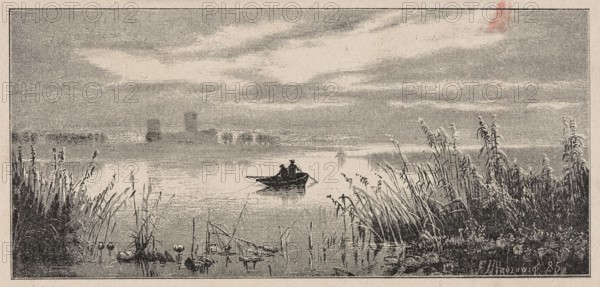 Lake Goplo; Feliks Brzozowski 1836–1892 draughtsman/author; unknown woodcut artist author; boats; reeds; fishing; Goplo lake; waterside landscape; painting; Polish painting; reproduction after 1885; Poland; graphics; press illustration, A monochrome scene shows a calm body of water with a small rowboat carrying two figures near the center, surrounded by tall grasses and reeds in the foreground on both sides; the sky above has layered, elongated cloud formations and the distant shoreline appears low and soft, with subtle reflections on the water surface.