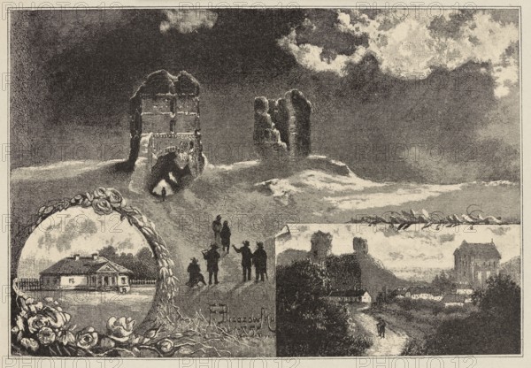 Feliks Brzozowski 1836–1892, Adam Mickiewicz's family nest. Zaosie — Nowogródek. Reproduction of a drawing; illustration; painting; Polish painting; after 1894. Subject: Zaosie Belarus manor, views of towns, Nowogródek Belarus castle ruins; Mickiewicz, Adam 1798–1855 and Mickiewicz family., The image shows a monochrome scene with dark and light shades of beige and gray; in the upper area there are two tall, crumbling stone towers standing on a windswept hill beneath a cloudy sky, and a small group of silhouetted figures walking toward them across the ridge; the lower left contains an oval vignette framed by a garland of roses that encloses a single-story house with a pitched roof and a fenced yard; the lower right shows a rural landscape with a winding path, a few small buildings and a larger multi-story structure in the distance, and a solitary figure walking along the road; overall the composition uses textured shading and contrasts of beige and gray tones throughout.
