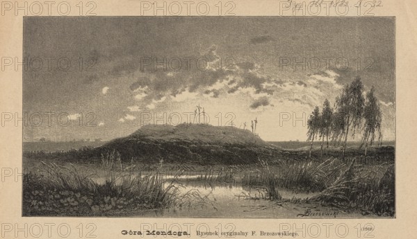 Mindaugas Mountain; 1882; drawing by Feliks Brzozowski 1836–1892, reproduced by Angerer & Göschl Vienna; press illustration for Tygodnik Ilustrowany; depicts Mindaugas Lithuanian prince, d. 1263 and Nowogródek Belarus; painting/graphic art; Polish painting; cemetery motif; pen/ink/graphic reproduction., A grayscale illustration of a landscape featuring a low hill in the midground with several tall, thin structures on its crest, a flat marshy foreground with patches of reeds and grasses, and a cluster of slender, leafy trees to the right. The sky above shows textured cloud formations, and the scene includes reflected light on shallow water amid the vegetation. The overall color tones visible are black, white, and shades of gray.