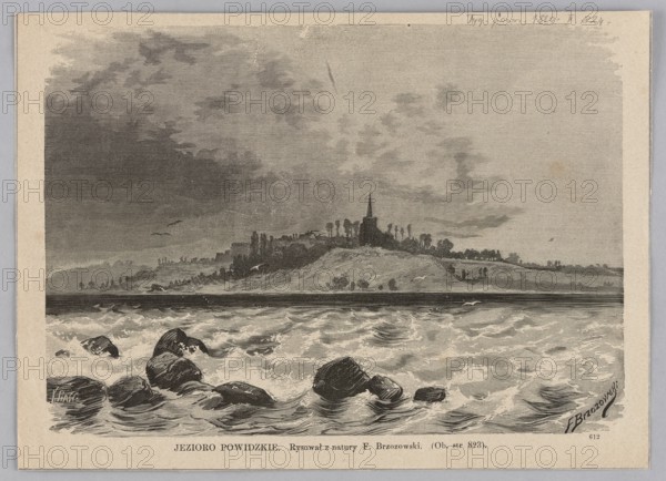 Lake Powidzkie; Brzozowski, Feliks 1836–1892 draughtsman/author; Piastuszkiewicz, Kazimierz fl. 1876–1891 engraver/author; 1880; illustration/graphics/press illustration; subjects: lakes, waves, church towers, views of towns; style: Polish painting/reproduction; place of creation: Warsaw; Greater Poland., A monochrome scene showing a shoreline with a group of dark rocks in turbulent water in the foreground, foamy waves and rippling textures around the rocks, a distant raised landmass with a cluster of trees and a prominent building with a tall spire on the skyline, a few birds in flight above the water, and a sky filled with streaked and cloudy formations; visible colors include shades of gray, black, and off-white.