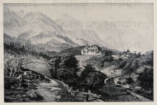 Reproduction of an engraving: Feliks Brzozowski 1836–1892, Mount Sinai; depiction of mountains and mountain landscapes, Sinai Egypt; Mount Sinai, St. Catherine's Monastery; painting reproduced as a press illustration; Polish painting; 1901; reproduction of a work of art., A grayscale landscape showing a winding dirt path bordered by a broken wooden fence in the foreground, with a few small structures near the path and a group of trees nearby; further back a cluster of larger buildings including a multi-towered structure with a pointed spire sits on a hill surrounded by dense forest; beyond that are rolling wooded hills leading up to a range of faint, layered mountains fading into the sky; the image contains shades of black, white, and gray.