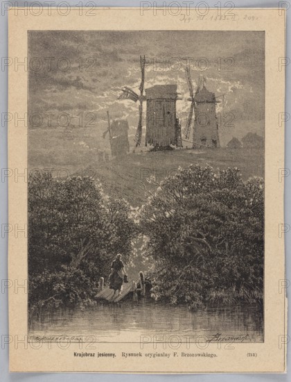 Autumn landscape; Brzozowski, Feliks 1836–1892 author/drawer; reproduction by Angerer, C. & Göschl Vienna; graphic and photographic workshop; illustration for Tygodnik Ilustrowany magazine; 1889 published 6 October 1889, no. 40, 1883 painting date referenced; subjects: windmills, lakes, autumn, landscapes with architecture; media: graphics, press illustration; Polish painting., A monochrome illustration shows a landscape with a few tall windmills on a slightly elevated area under a cloudy sky, their sails and wooden structures visible against a textured background; below the hill a dense grouping of trees and shrubs in dark tones frames a small wooden footbridge over calm water, and a solitary figure wearing a dark garment stands on the bridge holding an object while facing the hill, with reflections and ripples visible in the water and a mix of dark and lighter gray shading throughout.