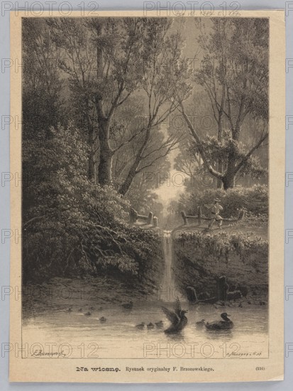 In the spring; 1883. Illustration by Feliks Brzozowski 1836–1892, reproduced by Angerer & Göschl. Lithograph/graphic press illustration for Tygodnik Ilustrowany. Depicts ducks and water birds in a water landscape with a waterfall. Polish painting/graphics; press illustration., A monochrome scene shows a wooded landscape with tall trees and dense foliage framing a narrow waterfall flowing into a calm body of water; a few ducks are on the water with one flapping its wings, and a small group of ducklings is nearby. On the raised bank above the waterfall there is a path with a fence and a person walking, carrying something over their shoulder, while another figure stands near the fence. The scene contains various shades of black, gray, and beige creating contrast between the darker trees and undergrowth and the lighter sky and water.