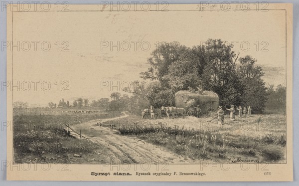 Hay equipment; illustration of haymaking in summer: rural landscape with meadows, villages, field work, hay wagons. Reproduction after a painting by Feliks Brzozowski 1836–1892, graphic press illustration, 1883. Materials/technique: graphics., A rural scene rendered in muted tones of beige, gray, and black shows a dirt path curving from the foreground toward the middle ground, flanked by grassy areas and low vegetation. To the right of the path, a group of figures wearing simple clothing stand near a large stacked hay wagon pulled by a pair of animals; some figures appear to be working with tools while others stand nearby. Tall, dense trees form a wooded backdrop behind the wagon, with branches and foliage rendered in dark gray and black. In the far distance on the left, a faint silhouette of buildings and more trees lines the horizon beneath a pale, open sky. The overall image has a textured, etched quality with fine lines and shading.