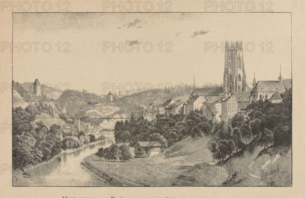 Suspension bridge in Freiburg, Switzerland; illustration by Feliks Brzozowski 1836–1892, 1891; graphics/press illustration showing city panorama with church towers and river; reproduction of Polish painting; painting/illustration., A sepia-toned landscape drawing showing a riverside scene with a winding river in the foreground flanked by grassy banks and a group of trees in shades of dark green and brown; a small pair of wooden buildings with pitched roofs sits near the river edge. Further back, a cluster of buildings and houses in muted gray and beige tones spreads across a hillside, interspersed with trees and shrubs. A large Gothic-style church or cathedral with a tall tower and pointed architectural details rises prominently on the right in darker gray tones. Rolling hills and wooded areas extend into the distance under a pale beige sky with a few small, softly shaded clouds. The entire image is framed by a thin dark border.