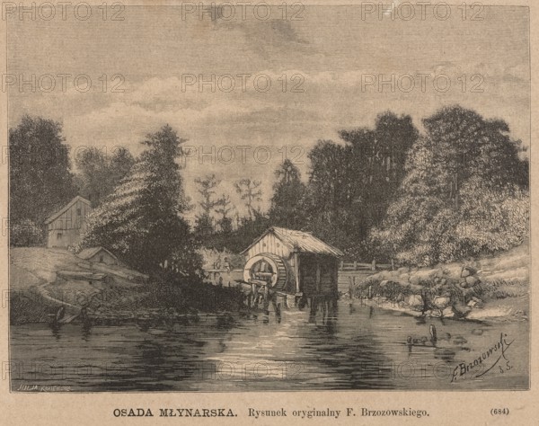 Mill settlement; woodcut illustration after Feliks Brzozowski, woodcut artist Julia Krajewska; illustration for the periodical Tygodnik Ilustrowany, 1885. Subject: water mill with mill wheel in a riverside landscape. Medium/genre: graphic art/press illustration; Polish painting reproduction., A sepia-toned illustration shows a riverside scene with a wooden watermill structure partially over the water and a visible water wheel, surrounded by dense trees and foliage in dark and muted tones; a few simple wooden buildings sit on the grassy, sloped riverbank, and a small dock or platform extends into the water; the water reflects the darker tones of the structures and trees with lighter highlights, and a few figures appear near the mill and along the bank; the sky is a pale, textured wash above the treeline.