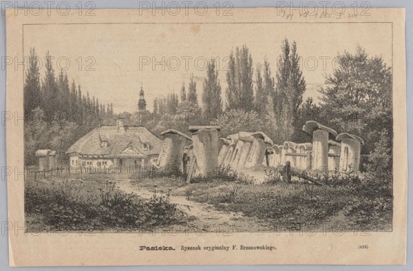 Apiary; 1885. Illustration for Tygodnik Ilustrowany by Feliks Brzozowski 1836–1892, reproduced by Angerer & Göschl Vienna; graphic and photographic workshop. Subject: beehives and beekeeping at wooden rural manors — rural landscape. Medium/format: graphic/press illustration; Polish painting/painting reproduction; 1885; Warsaw., A landscape scene shows a cluster of tall slender trees behind a group of shorter, fuller trees, with a few scattered low bushes and grassy areas in the foreground; near the middle ground there is a small building with a steep roof and chimneys partially enclosed by a low fence, and in front of and to the right of the building are a group of upright, rounded stone or wooden structures with curved tops arranged in rows, while a winding dirt path leads from the foreground toward the middle, and the overall image colors are shades of beige, tan, light brown, and dark gray.
