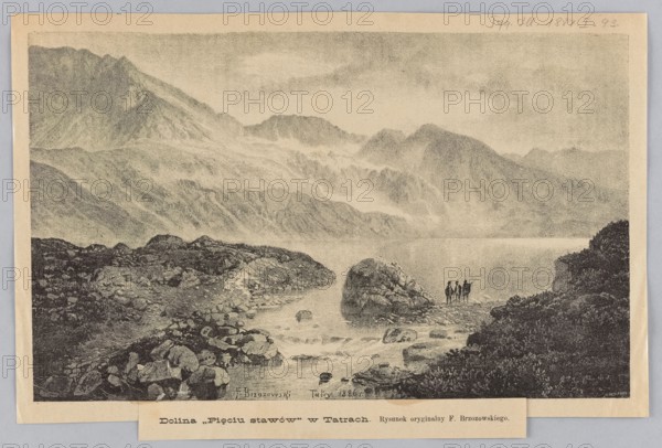 Valley of five ponds; Brzozowski, Feliks 1836-1892 draughtsman/author; reproduction of a painting; press illustration; 1887; graphics; illustration of the Valley of the Five Polish Ponds, Tatra Mountains; mountain landscape, ponds water reservoirs; Polish painting; Warsaw., A grayscale landscape showing a mountain valley with layered peaks in the background and a misty sky above, a calm body of water in the middle ground, rocky shorelines and boulders in the foreground, a group of a few small human figures standing near the water at the right side, dark shrubs and vegetation framing the lower right edge, and a range of textured rocky slopes and ridges extending across the scene.