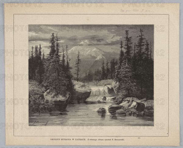 The area around Muran in the Tatra Mountains; woodcut illustration after Feliks Brzozowski 1836–1892, graphic artists Marceli Wisniewski and Bronislaw Puc; 1880; depiction of mountain landscapes, mountain streams and waterfalls; painting reproduction/press illustration; Polish graphic/painting., A grayscale landscape image showing a calm river in the foreground with reflective water and a group of rocks and boulders along the shore, a small cascade or waterfall further back with water flowing over rocks, tall evergreen trees clustered on both sides of the river and some smaller shrubs and vegetation around the rocks, a distant mountainous ridge partially obscured by cloud cover under a cloudy sky, and the entire scene rendered in monochrome tones of black, gray, and white.
