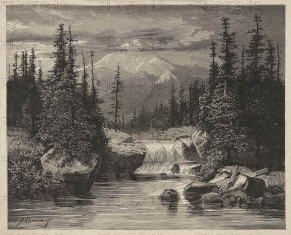The area around Muran in the Tatra Mountains; woodcut illustration after Feliks Brzozowski 1836–1892, graphic artists Marceli Wisniewski and Bronislaw Puc; press illustration, 1880; mountain landscape with streams and waterfall; painting reproduction; graphics; Polish., The image shows a landscape with a river in the foreground flowing toward a small waterfall, bordered by large rocks and a group of trees on both sides; a few tall, thin evergreen trees rise against a cloudy sky, and a larger, distant mountain rises behind layers of mist and clouds. The scene appears rendered in shades of black, gray, and off-white, with darker tones for the trees and rocks and lighter grays for the water, sky, and distant mountain.