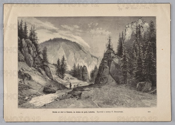 A gate made of rocks in Ojców, on the way to Lokietek's cave; mountain landscapes; mountains; Ojców National Park, Ojców Lesser Poland Voivodeship; castle ruins; Kraków-Czestochowa Upland; painting / graphic art; Polish painting; press illustration; reproduction after Feliks Brzozowski 1836–1892; woodcut artist J. Jarmuzynski fl. ca 1875–1892; 1880; Warsaw., A grayscale engraved landscape scene framed by a light beige border shows a rocky valley with steep cliffs and tall conifer trees; a stream winds through the foreground over smooth rocks and boulders, and a small solitary human figure stands near the water; distant forested hills rise behind the valley under a cloudy sky.