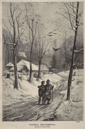Test of Luck; 1882, woodcut illustration by Aleksander Malinowski after Feliks Brzozowski; depicts birds, winter, hunters, and village views; Polish graphic press illustration., A winter scene in grayscale showing a snowy road winding through a forested area with tall bare trees on either side, their trunks and branches dusted with snow. In the foreground two figures stand close together on the road, one wearing a coat and hat and holding a walking stick while the other carries a long object slung over a shoulder; both face away from the viewer toward the background. Along the road are tracks and patches of disturbed snow. To the left, a group of rustic thatched-roof cottages sit behind a low fence with smoke rising from a chimney and snow covering the roofs and nearby ground. In the sky above the treeline a group of birds is flying, some closer and more detailed, others more distant and faint. The overall tones are black, white, and various shades of gray.