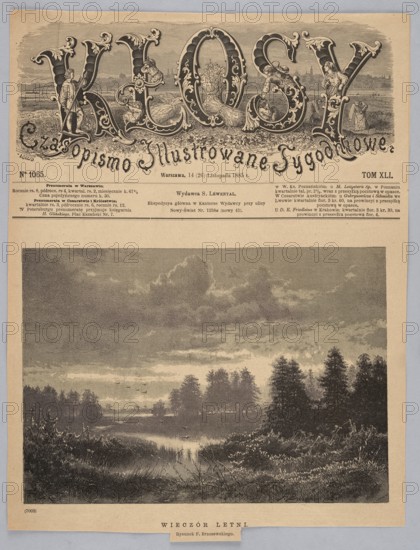 Summer Evening; 1885; illustration by Feliks Brzozowski 1836–1892; reproduction; painting/graphic—birds, landscapes, water landscapes, summer, sunsets; Polish painting; press illustration; Warsaw., A sepia-toned printed page with an ornate decorative title across the top featuring large embellished letters and small illustrative figures incorporated into the letterforms, a banner of smaller ornate script beneath it, and blocks of smaller printed text below; the lower portion contains a detailed landscape illustration showing a calm river or marsh bordered by grassy banks and dense groups of trees, with taller trees silhouetted against a cloudy sky and reflected in the water, and foreground vegetation and reeds framing the scene in darker tones.