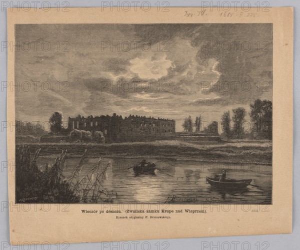 Evening after the rain Ruins of Krupe Castle on the Wieprz River; Brzozowski, Feliks 1836–1892 draughtsman/author, Krajewski, Jan fl. 1874–1887 woodcut artist/author; illustration, 1885; subjects: sunsets, defensive architecture, rivers, castle ruins, boats, landscapes with architecture; media: painting reproduction/graphic art/press illustration; location depicted: Krupe Lublin Voivodeship, Warsaw., A grayscale scene showing a river in the foreground with a couple of small rowboats on the water and a person visible in one of them, reflected softly on the surface; tall grasses and reeds appear along the near bank. Beyond the river is a stretch of darker land with low bushes and a few tall trees, and a large ruined stone building with broken walls sits on the middle ground. The sky occupies much of the upper area, filled with layered clouds and lighter patches suggesting light breaking through, and the overall palette includes shades of gray, black, and off-white.