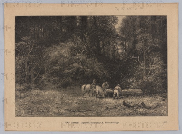 In the forest; 1885. Illustration by Feliks Brzozowski 1836–1892, reproduction by Angerer & Göschl. Graphic art/press illustration depicting horses in a forest interior; Polish painting., A monochrome scene printed on beige paper showing a dense forest clearing with tall trees and thick undergrowth framing a darker wooded background, a grassy foreground with tangled tufts and fallen branches, and a group of three people near two horses and a large fallen log, with one person standing beside a horse, another leaning over the log, and a third near the rear of the log; visible colors include black, dark gray, light gray, and beige.