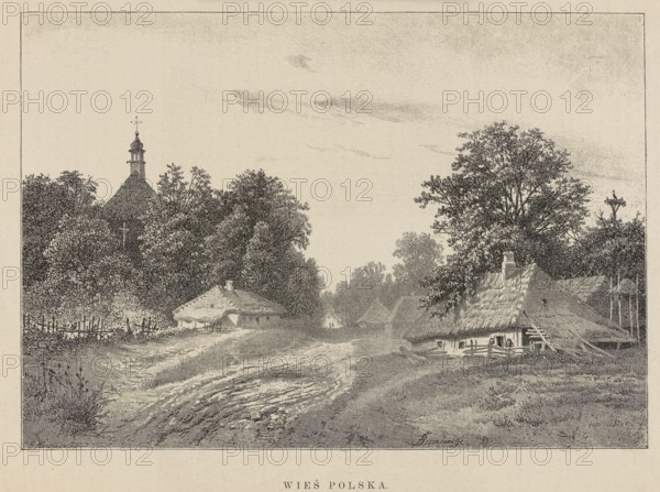 Polish village; illustration of village cottages and village church; painting/graphic reproduction; drawn by Feliks Brzozowski 1836–1892; reproduced by Angerer & Göschl Vienna graphic and photographic workshop; press illustration dated 1899., The image shows a rural scene with a dirt path or road running toward the background, flanked by a group of trees and several thatched-roof cottages on either side; one cottage is partially hidden by trees on the left and another with a visible chimney sits on the right beneath a large tree. The sky above is light with a few faint clouds. Fences and low vegetation border the road, and there are bushes and grasses in the foreground. The visible colors are shades of beige, gray, and black.