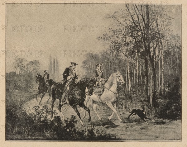 Reproduction of a painting: Jan Chelminski 1851–1925, Horse Ride in the Park; painting; Polish painting; reproduction; horses iconography; horseback riding; dogs; genre scenes; couples; 1889; Kraków; press illustration; reproduction of a work of art., A sepia-toned illustration shows a wooded scene with a group of riders on horseback traveling along a dirt path; the foreground features two riders side by side on a dark horse and a light horse, both wearing ornate clothing and hats, while a third rider on a darker horse follows slightly behind. A dog runs ahead of the horses near the path. Trees with bare branches and leafy undergrowth frame the right side and background, and a few shrubs and grasses appear near the path in the lower foreground. The overall colors visible are sepia, tan, brown, black, and muted gray.