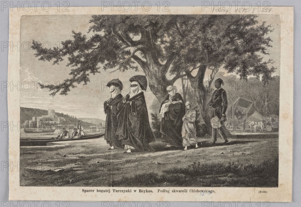 Reproduction of a watercolor: Stanislaw Chlebowski 1835–1884, A walk of a rich Turkish woman in Beykos; reproduction of a painting; oriental scene depicting a woman in Turkish/Arab costume; painting in the Polish/Ottoman orientalist style, 1875; graphics/press illustration., A monochrome scene shows a riverside or shoreline with a large, spreading tree occupying the center and right, its dark leaves and twisting trunk providing shade; beneath and in front of the tree walks a group of figures draped in long dark garments with covered faces, accompanied by a small child in lighter clothing and a standing figure in darker attire carrying an object, while a few boats rest on the water to the left with occupants aboard and a distant town or cluster of buildings visible on the far shore, and to the right behind the standing figure there is a small encampment or cart with a canopy and animals nearby; the foreground is a textured stretch of earth and grass with scattered stones and low vegetat...