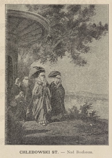 Reproduction of a painting: Stanislaw Chlebowski 1835–1884, On the Bosphorus; reproduction of a painting; Polish painting; Chlebowski, Stanislaw; oriental scene depicting Turks in Arab costumes; turn of the 19th and 20th centuries; reproduction of a work of art; press illustration., A monochrome illustration showing a group of robed figures standing on a rocky foreground beneath a large overhanging tree with spreading branches and dense foliage; two central figures wear long flowing garments and brimmed head coverings while a few other robed figures stand slightly behind them, some partially obscured by shadow; beyond the group there is a distant landscape with a body of water and low hills, and the scene is framed by a rectangular border. Colors visible include black, gray, and off-white.