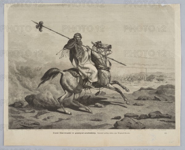 Emir Rzewuski in the Arabian desert — painting/graphic after a sketch by Juliusz Kossak; 1874. Polish painting/press illustration depicting soldiers and horses; relates to Waclaw Rzewuski 1785–1831. Makers: Juliusz Kossak 1824–1899 original draughtsman; Wojciech Kossak 1856–1942 draughtsman/reproduction; Konstanty Przykorski fl.1862–1882 draughtsman., A monochrome engraving shows a rider in flowing robes and a head covering seated on a rearing horse, the rider holding a long spear decorated near its tip and a cloak with tasseled ends blowing behind; the horse has visible tack and decorative elements and both horse and rider are positioned on a rocky, dusty foreground with clouds of dust around the horse’s hooves; in the distant background a group of mounted figures and animals stand on a flat plain with low hills beyond; visible colors are shades of gray, black, off-white, and beige.