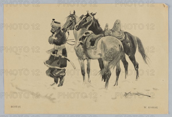 Watercolor reproduction: Wojciech Kossak 1856–1942, Rustan; painting, Polish painting, reproduction, horses, soldiers, press illustration, reproduction of a work of art, 1898, height 16.9 cm, width 25.2 cm, A monochrome illustration shows a person standing beside a group of horses; the person wears a layered outfit with a head covering and a coat with visible fur trim, and their arms are crossed while a curved saber hangs at their side. The horses have saddles and bridles, with one horse turned slightly toward the viewer showing a rounded hindquarters and flowing tail, and another horse standing behind with visible mane and harness details. The scene is rendered in shades of black, gray, and beige on a light beige background, with soft shadowing beneath the figures.