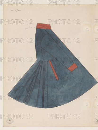Cloth kontusz, Lithuania, ca. 1790 — side view cut in a scale of 1:5. Light navy blue kontusz with red velvet lapels, watercolor and drawing, artistic documentation. Creator: Frani, Zygmunt 1882–post 1932 illustrator. Subject: 18th-century men's Polish clothing, kontusz; includes depiction of zupans. Three watercolors on one board showing kontusz cut and front and back views. Date of depiction: 1919 before August 11, 1919., A watercolor drawing of a garment shaped like a dress or coat in deep blue with a high rectangular collar and rectangular cuff accents in reddish-orange; the garment has seam lines and pleated detailing on the skirt section, visible folds and darker blue shading, and a narrow reddish-orange tab near the waist; the background is a pale beige paper showing slight discoloration and faint marks, with a few small holes and stamp-like round marks near the edges.